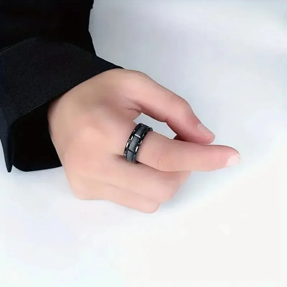Titanium Matte Black Men's Statement Ring Beveled with Brushed Finished Center